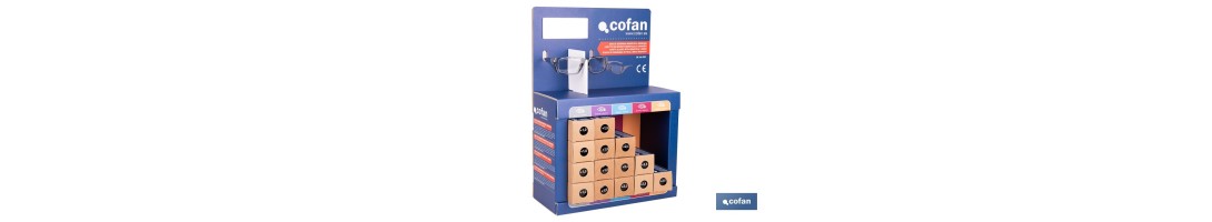 Expositor de gafas de seguridad | 20 gafas graduadas con diferentes dioptrías | Incluye 5 modelos | Medidas: 15 x 33 x 47 cm