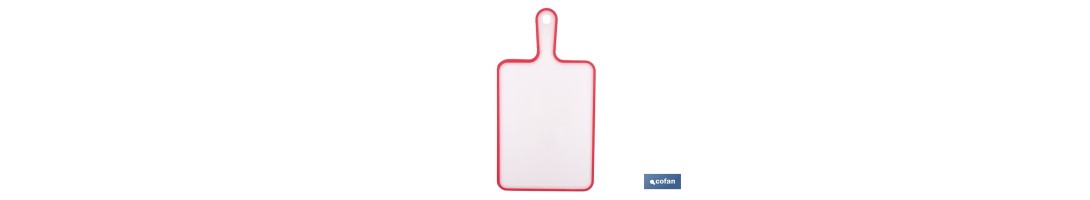 Tabla de corte antideslizante con mango ergonómico | Materiales: PP + TPE | Color: blanco con borde rojo | Disponible en difere