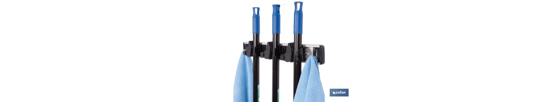 Colgador de escobas y fregonas con 3 soportes y 4 ganchos | Organizador de pared fuerte, práctico y ajustable