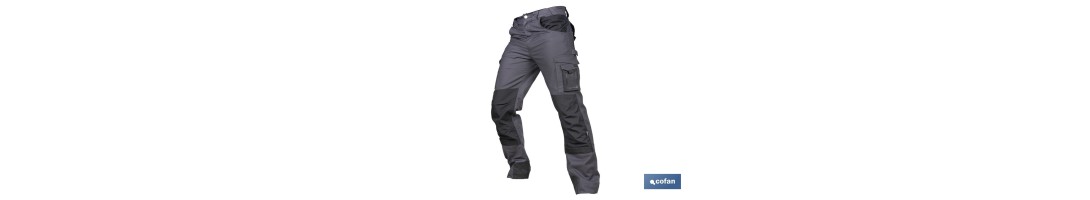 Pantalón de trabajo modelo Heimdall en gris oscuro y negro | Elástico, reforzado con múltiples bolsillos | Materiales: 65 % pol