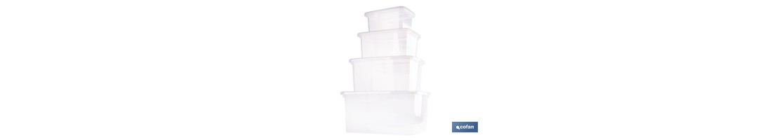 Pack de 4 cajas de almacenaje transparentes con tapa | Capacidades de 4 l, 8 l, 15 l y 26 l