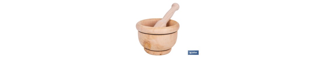 Mortero de madera de abedul con maza. Diámetro: Ø14 cm. Ideal para machacar alimentos