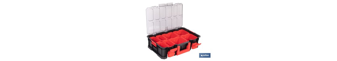 Caja de herramientas modular con organizadores | Tapa de policarbonato | Incluye 8 compartimentos | Capacidad de carga: 20 kg |