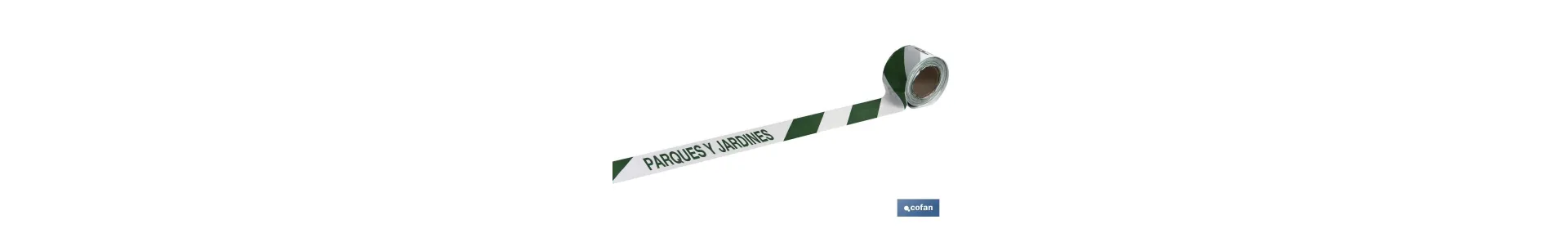 Cinta de balizamiento no adhesiva | Color: verde y  blanco | Texto: PARQUES Y JARDINES | Medida: 80 mm x 100 m | Galga 300