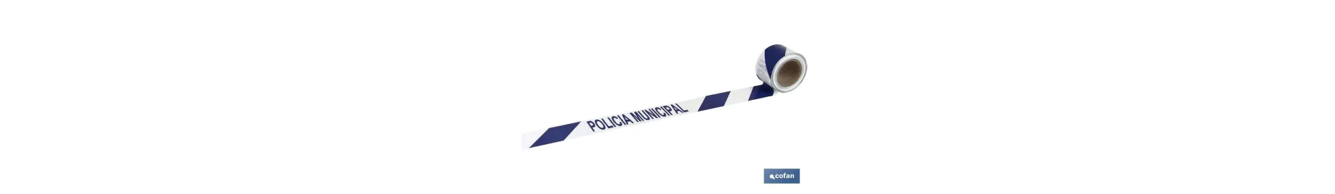 Cinta de balizamiento no adhesiva | Color: azul y blanco | Texto: POLICÍA MUNICIPAL | Medida: 80 mm x 100 m | Galga 300
