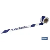 Cinta de balizamiento no adhesiva | Color: azul y blanco | Texto: POLICÍA MUNICIPAL | Medida: 80 mm x 100 m | Galga 300