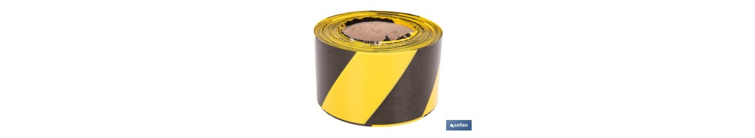 Cinta de balizamiento no adhesiva | Color amarillo/negro | Medidas: 50 y 80 mm | Longitud 100 y 200 metros | Galga 200