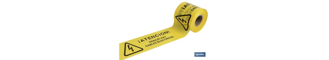 Cinta de balizamiento no adhesiva | Color amarillo | Texto ATENCIÓN CABLES ELÉCTRICOS | Medida: 150 mm | Longitud: 250 metros |