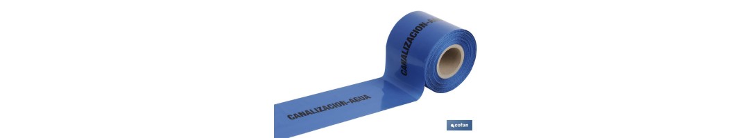 Cinta de balizamiento no adhesiva | Color azul | Texto: CANALIZACIÓN AGUA | Medida: 150 mm | Longitud: 250 metros | Galga 300
