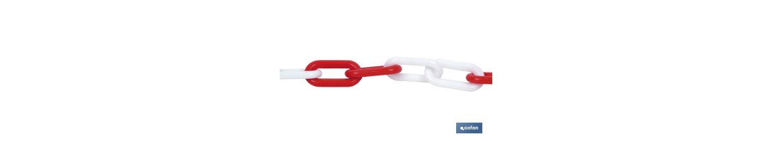 Cadena de polipropileno | Color: rojo y blanco | Rollos de 30 metros | Eslabón: 8 mm