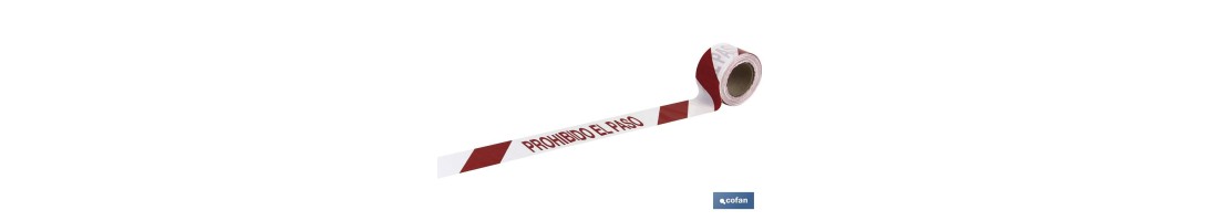 Cinta de balizamiento no adhesiva | Color: rojo y blanco | Texto: PROHIBIDO EL PASO | Medida: 80 mm x 100 m | Galga 300