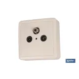 Base cuadrada para toma de Antena TV | 1 toma Hembra, 1 toma Macho y 1 toma de vía satélite | Color Blanco