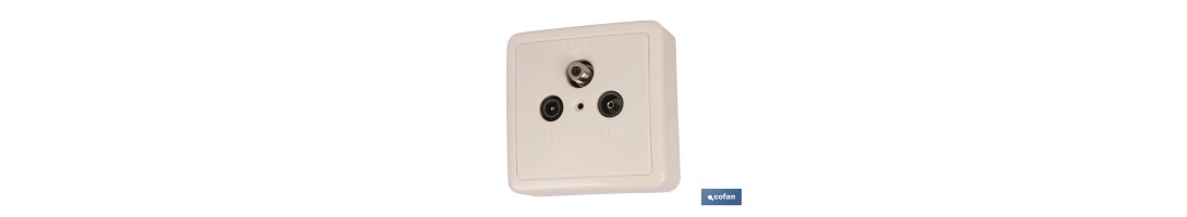 Base cuadrada para toma de Antena TV | 1 toma Hembra, 1 toma Macho y 1 toma de vía satélite | Color Blanco