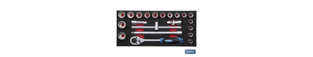 Módulo de espuma con herramientas | Para 1/3 cajón del carro de herramientas cofan | Carraca y vasos 1/2 16 piezas