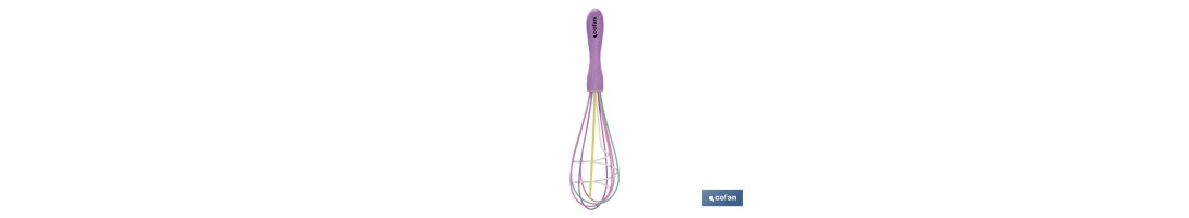 Batidor Varilla manual de polipropileno | Modelo Vergini | Color del Mango Morado y Varilla: Multicolor | Longitud 25 cm