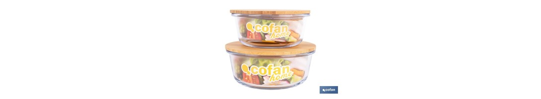 Set de 2 Fiambreras Redondas de Borosilicato | Modelo Bambú | Tapa de Bambú | Capacidad 620-950 ml