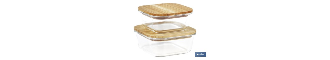 Set de 2 Fiambreras Cuadradas de Borosilicato | Modelo Bambú | Tapa de Bambú | Capacidad 520-800 ml