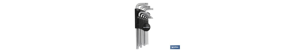 Juego de 9 llaves acodadas Torx | Versión larga | Contenido de medidas desde T-10 hasta T-50