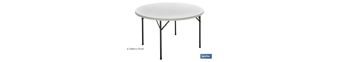 Mesa plegable redonda de color blanco | Peso máximo: 150 kg | Adecuada para 8 personas | Medidas abierta: Ø120 x 74 cm