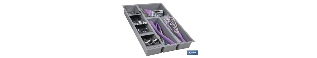 Organizador de cubiertos con separadores para cajón | Cubertero con 8 compartimentos y separadores modulares | Color: gris | Ma