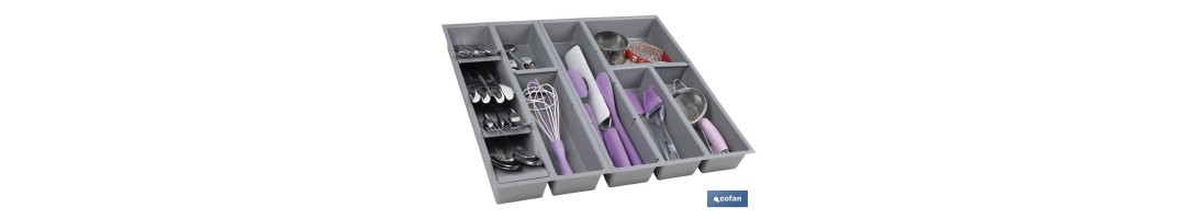 Organizador de cubiertos con separadores para cajón | Cubertero con 11 compartimentos y separadores modulares | Color: gris | M