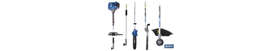 Multiherramienta 4 en 1 de gasolina | Cortabordes, desbrozadora, cortasetos y podador en altura | Motor de 2 tiempos | 51,7 cc 