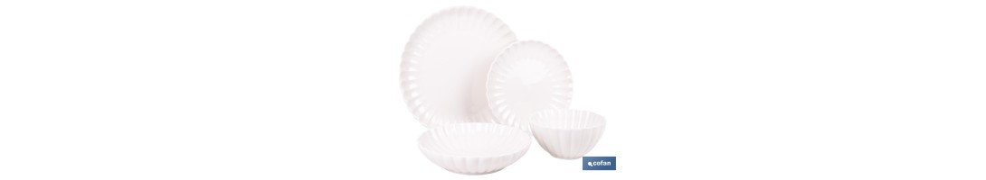 Vajilla de porcelana esmaltada de color blanco con diseño en relieve | Set de 16 piezas | Apta para lavavajillas, microondas y 