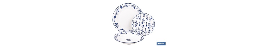 Vajilla de porcelana con flores azules | Set de 18 piezas | Adecuado para 6 personas | Apta para lavavajillas, microondas y hor