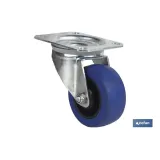 Rueda de goma azul y placa giratoria | Con cojinete de rodillo | Para pesos de hasta 150 kg y diámetros de 80, 100 y 125 mm