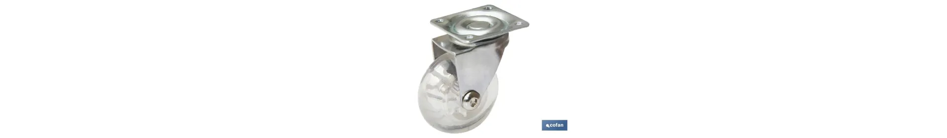 Rueda transparente de poliuretano con placa cromada giratoria | Con diámetros desde 35mm hasta 75 mm