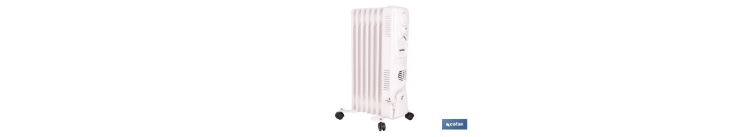 Radiador de aceite con termostato y ventilador | 1500 W + 400 W | 7 elementos | 3 niveles de potencia | Color blanco
