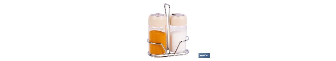 Set de salero y pimentero | Frascos de vidrio borosilicato | Soporte incluido | Tapas de color beige | Juego de 2 piezas | Capa