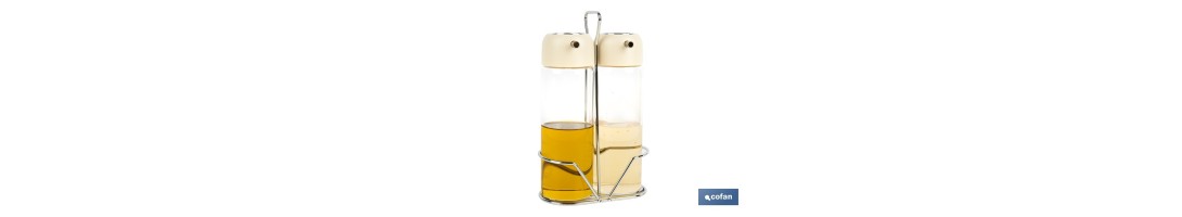 Set de aceitera y vinagrera | Frascos de vidrio borosilicato | Soporte incluido | Tapas de color beige | Juego de 2 piezas | Ca
