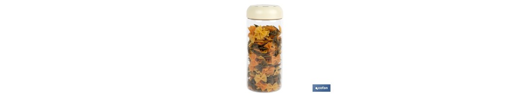 Bote de cocina de vidrio borosilicato | Tapa beige | Cierre a presión | Capacidad: 1,3 litros | Almacenaje de alimentos | Medid