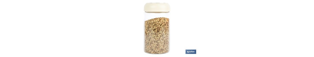 Bote de cocina de vidrio borosilicato | Tapa beige | Cierre a presión | Capacidad: 1 litro | Almacenaje de alimentos | Medidas: