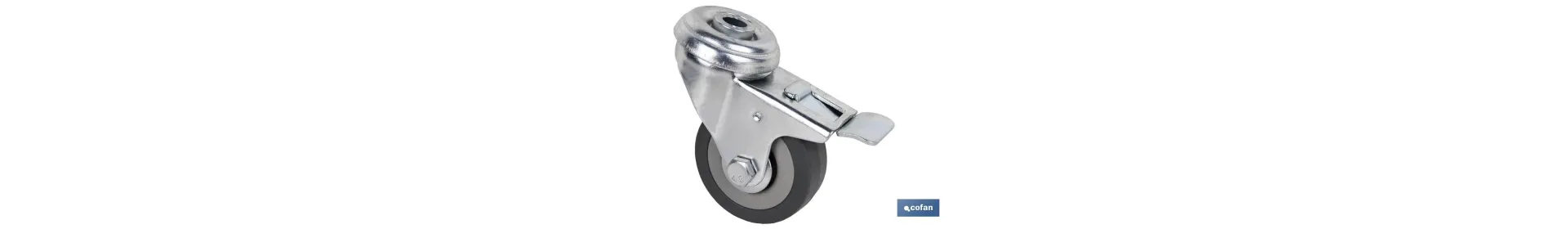 Rueda de goma gris para tornillo pasante y con freno | Diámetros desde 30mm hasta 75 mm | Para pesos desde 25 kg hasta 45 kg