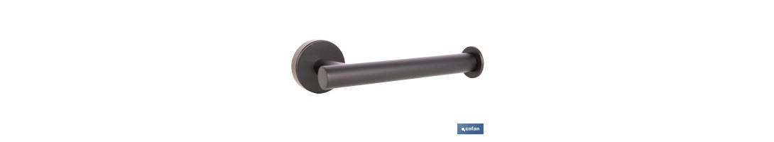 Portarrollos negro mate | Material: acero inoxidable | Diseño redondo | Kit de fijación incluido | Medidas: 16,5 x 8 x 5 cm