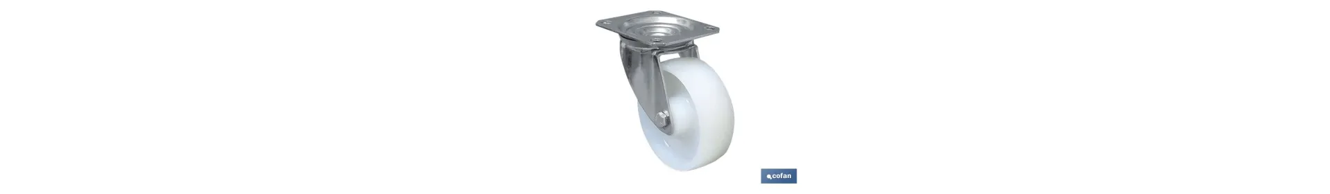 Rueda de nylon y placa giratoria | Con cojinete liso | Para pesos de hasta 150 kg y diámetros de 80, 100 y 125 mm