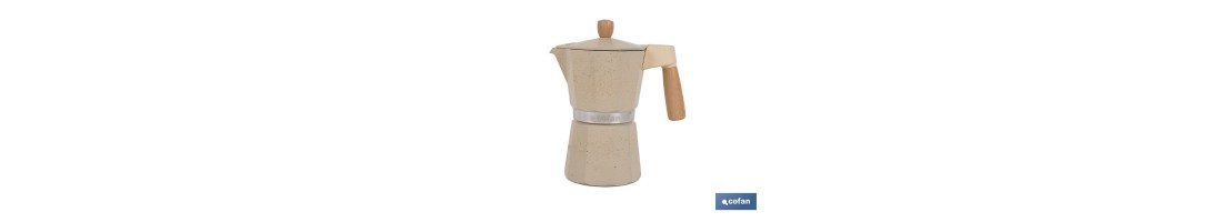 Cafetera italiana inducción | Capacidad: 6 tazas | Cuerpo de aluminio | Mangos de madera | Apta para todo tipo de fuegos | Disp