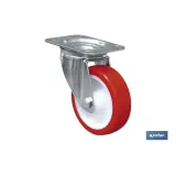 Rueda de poliuretano y placa giratoria | Con cojinete liso | Para pesos de hasta 150 kg y diámetros de 80, 100 y 125 mm