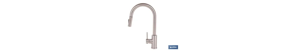 Grifo de cocina extensible con rociador de 2 funciones | Giratorio 360° | Cartucho cerámico de Ø35 mm y latiguillos de 50 cm | 