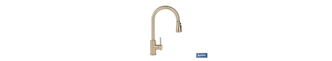 Grifo de cocina extensible dorado con 3 funciones y giro 360° | Material: acero inoxidable | Acabado cepillado | Cartucho cerám