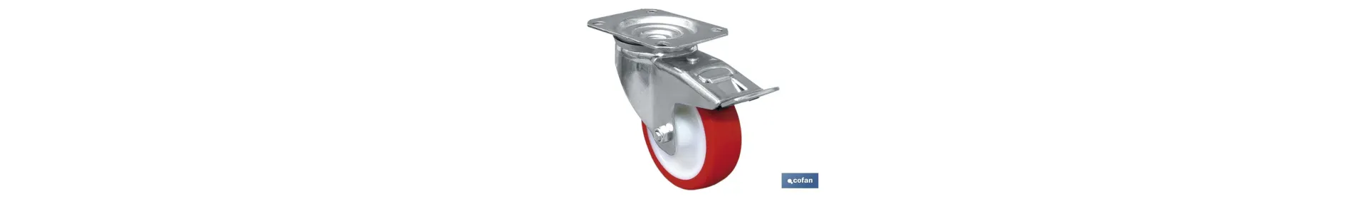 Rueda de poliuretano con freno y placa giratoria | Con cojinete liso | Para pesos de hasta 150 kg y diámetros de 80, 100 y 125 