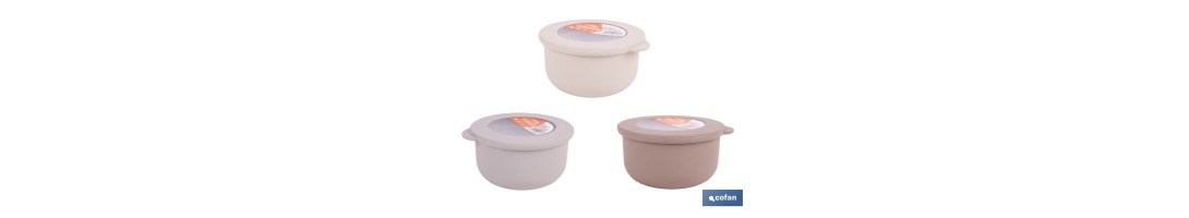 Set de 3 recipientes redondos con tapa | Capacidad: 100 ml, 250 ml, 500 ml | Material: PP + TPE | Colores aleatorios gris, marr