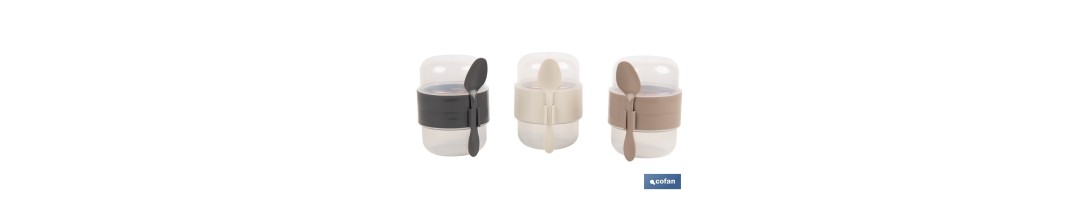 Set de 3 recipientes para cereales con tapa, cuchara y compartimento interior | Capacidad 200 ml + 200 ml | Colores aleatorios: