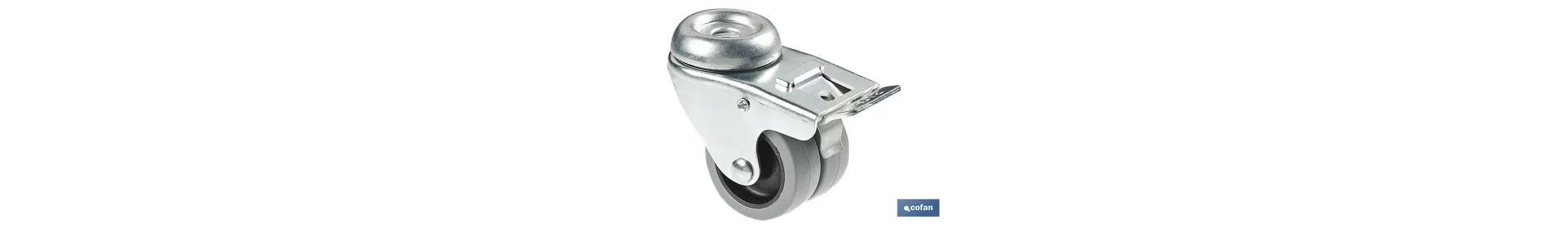 Rueda doble de polipropileno con agujero pasante de 12 mm y freno | Diámetro de 50 mm | Para pesos de hasta 70 kg