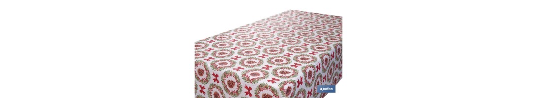 Rollo de mantel resinado antimanchas con lazos y piñas | Materiales: 75 % algodón y 25 % poliéster | Diseño navideño, fácil de 