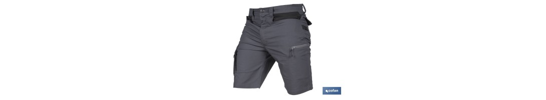 Bermudas de trabajo modelo Frigg en gris y negro | Elásticas, ligeras con múltiples bolsillos y protección lumbar| Materiales: 