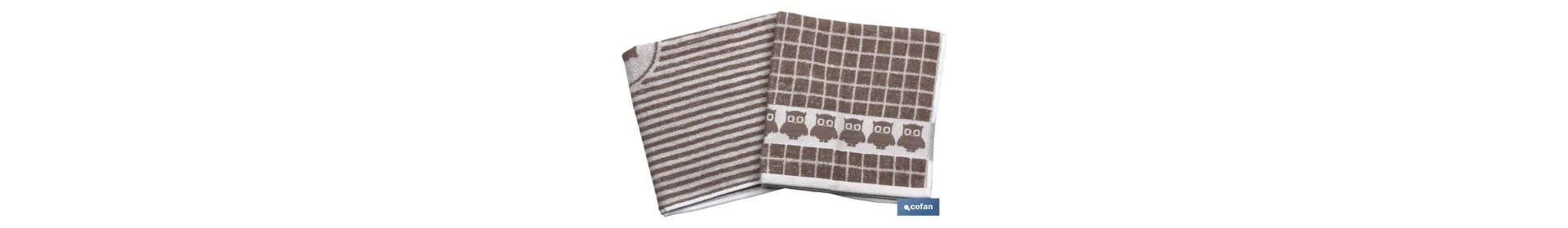 Pack de 2 paños de cocina | Medida 50 x 50 cm | Color tostado con estampado | Modelo Garnacha