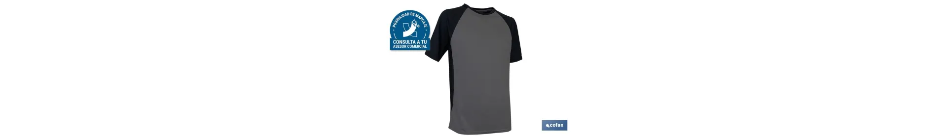 Camiseta transpirable | Composición 100% Poliéster | Color Gris-Negra | Gramaje 160 g/m2 | Tallas desde la S a la XXXL